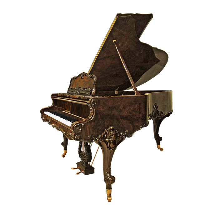 Коричневый рококо-рояль в отделке корнем ореха